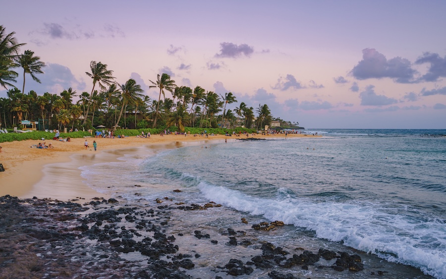 Poipu beach during sunset on Kauai, Hawaii